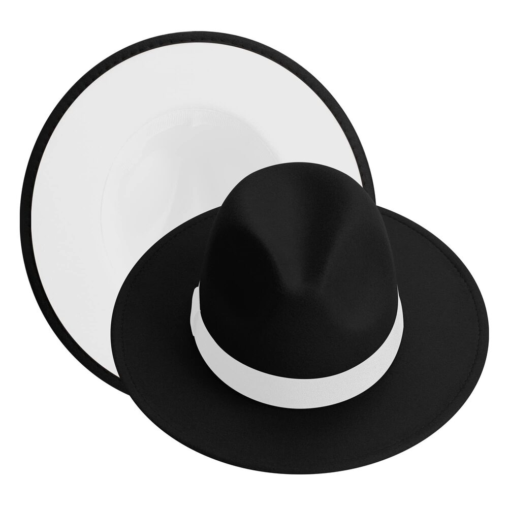 7782 Wide Brim Fedora Two Tone Dress Hat, Black/White, Small-Medium